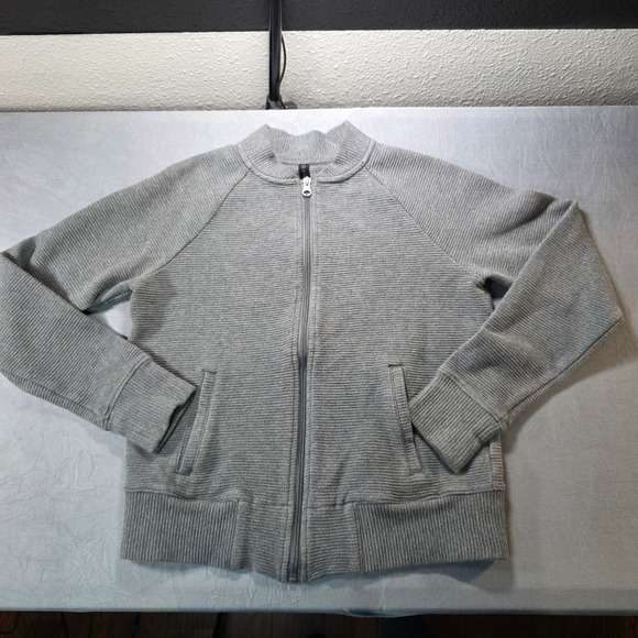 GAIAM Jackets & Blazers - Gaiam Womens Small Heather Gray Ribbed Full Zip Bomber Track Jacket Mock Neck